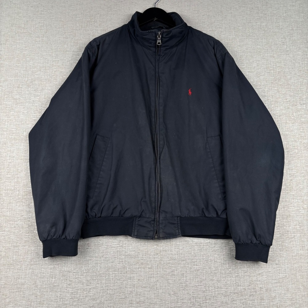 Polo Ralph Lauren Mens Large Navy Blue Full Zip Bomber Jacket Windbreaker Pony